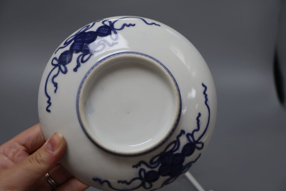 A Japanese blue and white dish, diameter 15cm, and a Chinese Imari jar box and cover